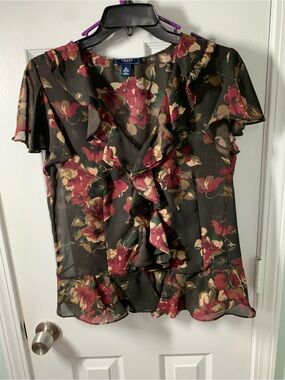 Chaps Brown Floral Ruffle Sheer Blouse with Burgundy & Cream Accents with  Tank